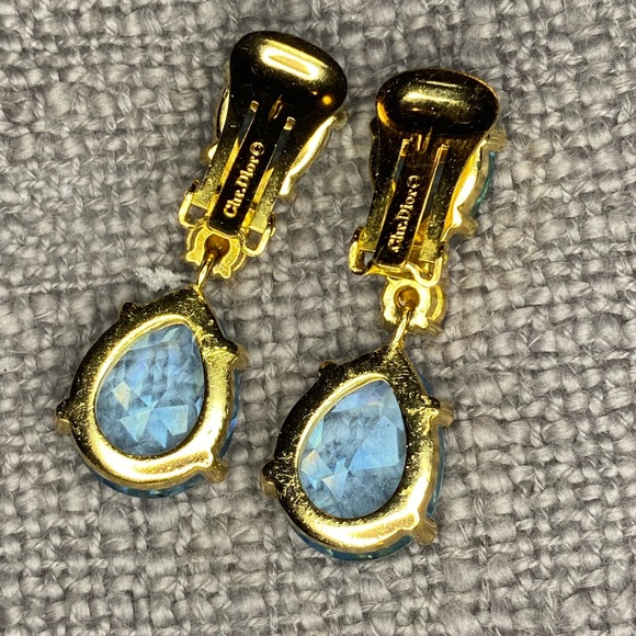 RARE FIND Vintage Dior Blue Glass & Rhinestone Drop Dangle 1980s Clip Earrings - Picture 2 of 7